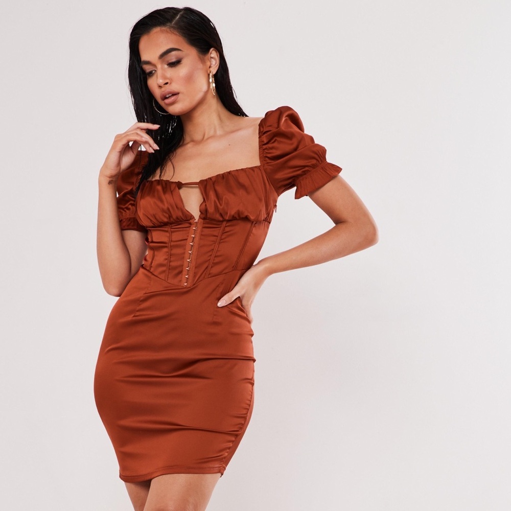 NWT Missguided Tall Rust Satin Puff Sleeve Corset Dress Size US 6